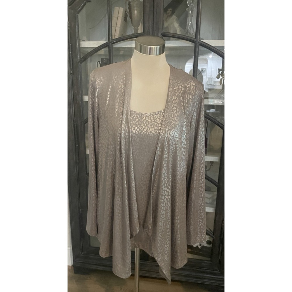Chicos Easy Wear Tank Top Cardigan Set Sz 2 (L) Gray Silver Leopard Print Flowy
